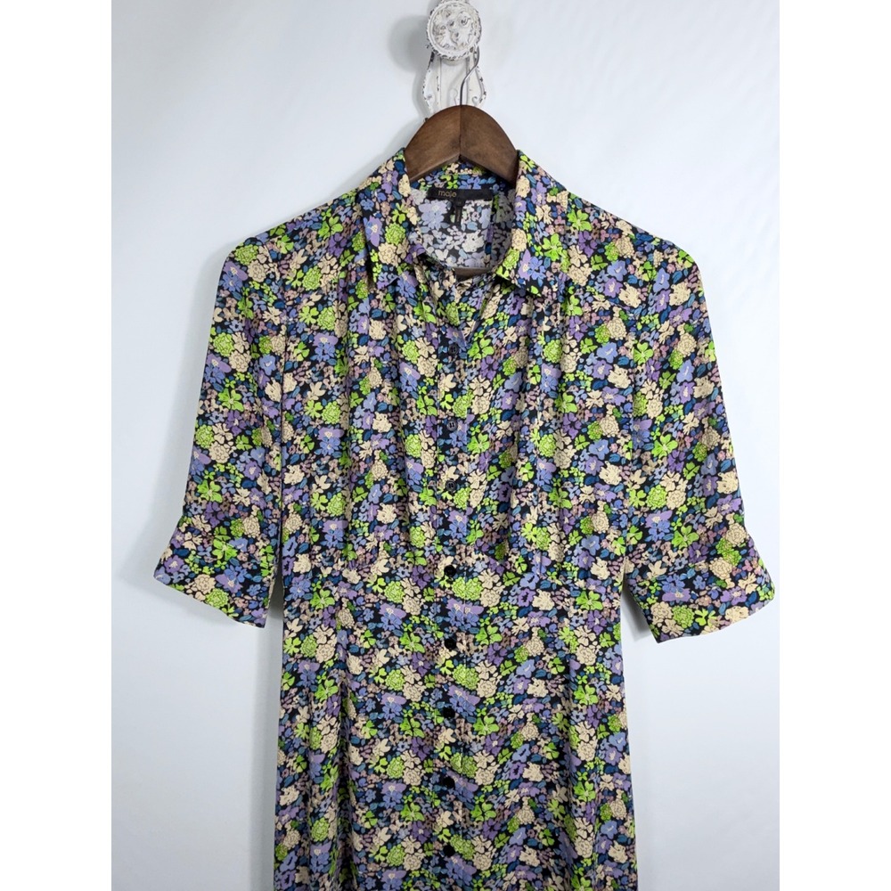 Maje Floral Button Front Midi Dress with Back Cutout Purple Green Yellow US L - Picture 4 of 16